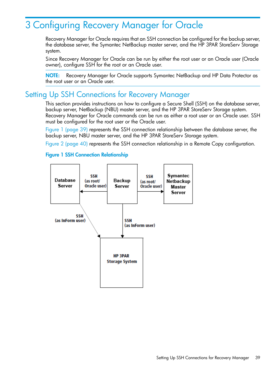 3 configuring recovery manager for oracle, Setting up ssh connections for recovery manager | HP 3PAR Application Software Suite for Oracle User Manual | Page 39 / 223