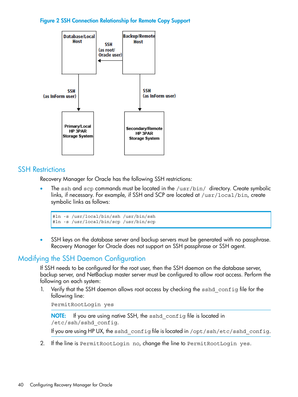 Ssh restrictions, Modifying the ssh daemon configuration | HP 3PAR Application Software Suite for Oracle User Manual | Page 40 / 223