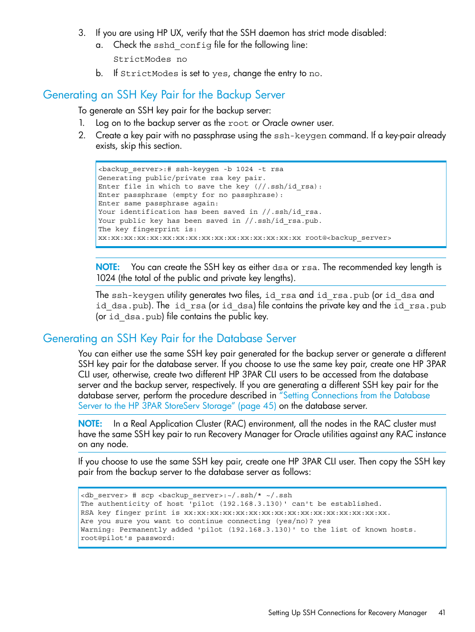 Generating an ssh key pair for the backup server, Generating an ssh key pair for the database server | HP 3PAR Application Software Suite for Oracle User Manual | Page 41 / 223