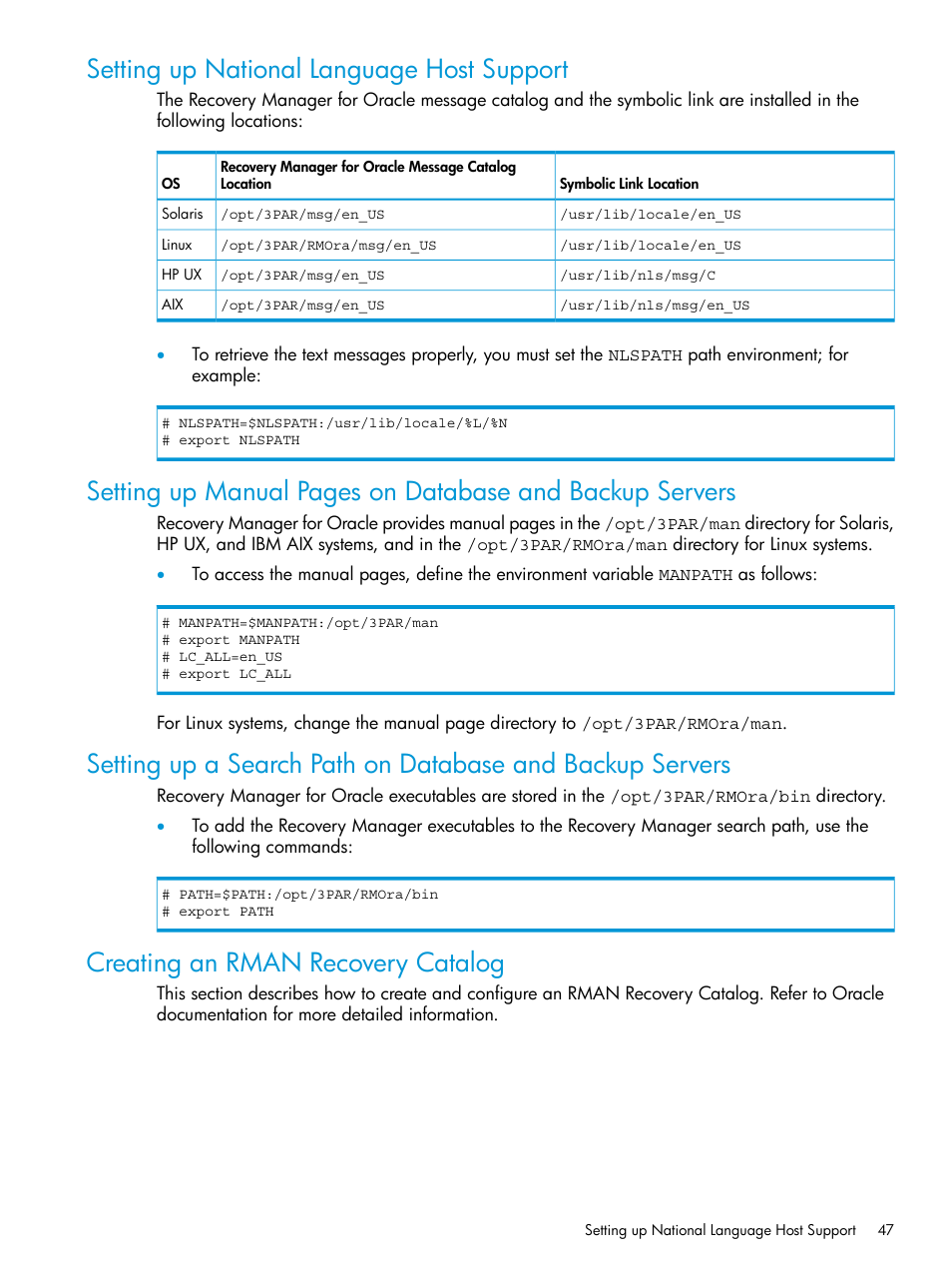 Setting up national language host support, Creating an rman recovery catalog | HP 3PAR Application Software Suite for Oracle User Manual | Page 47 / 223