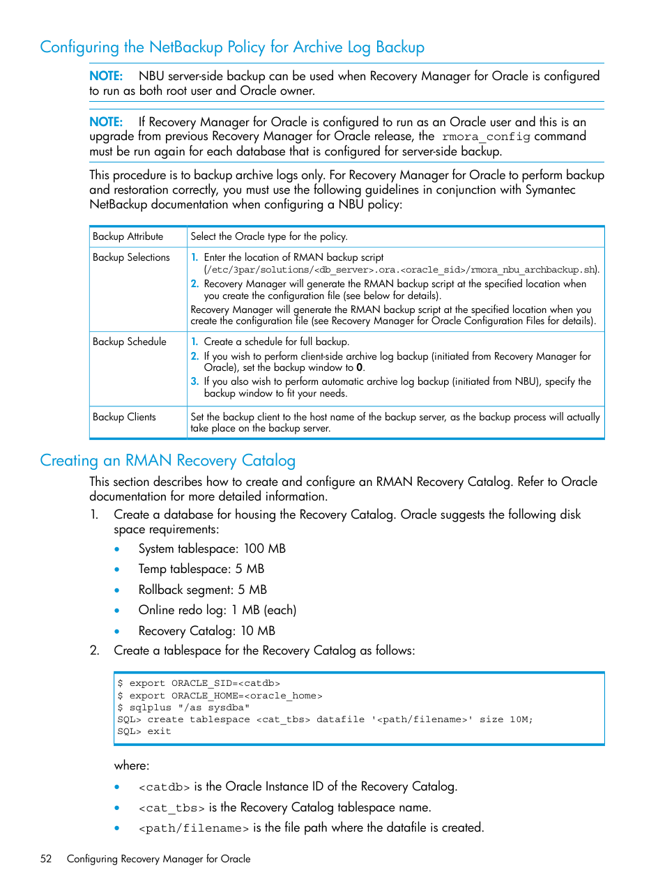 Creating an rman recovery catalog | HP 3PAR Application Software Suite for Oracle User Manual | Page 52 / 223