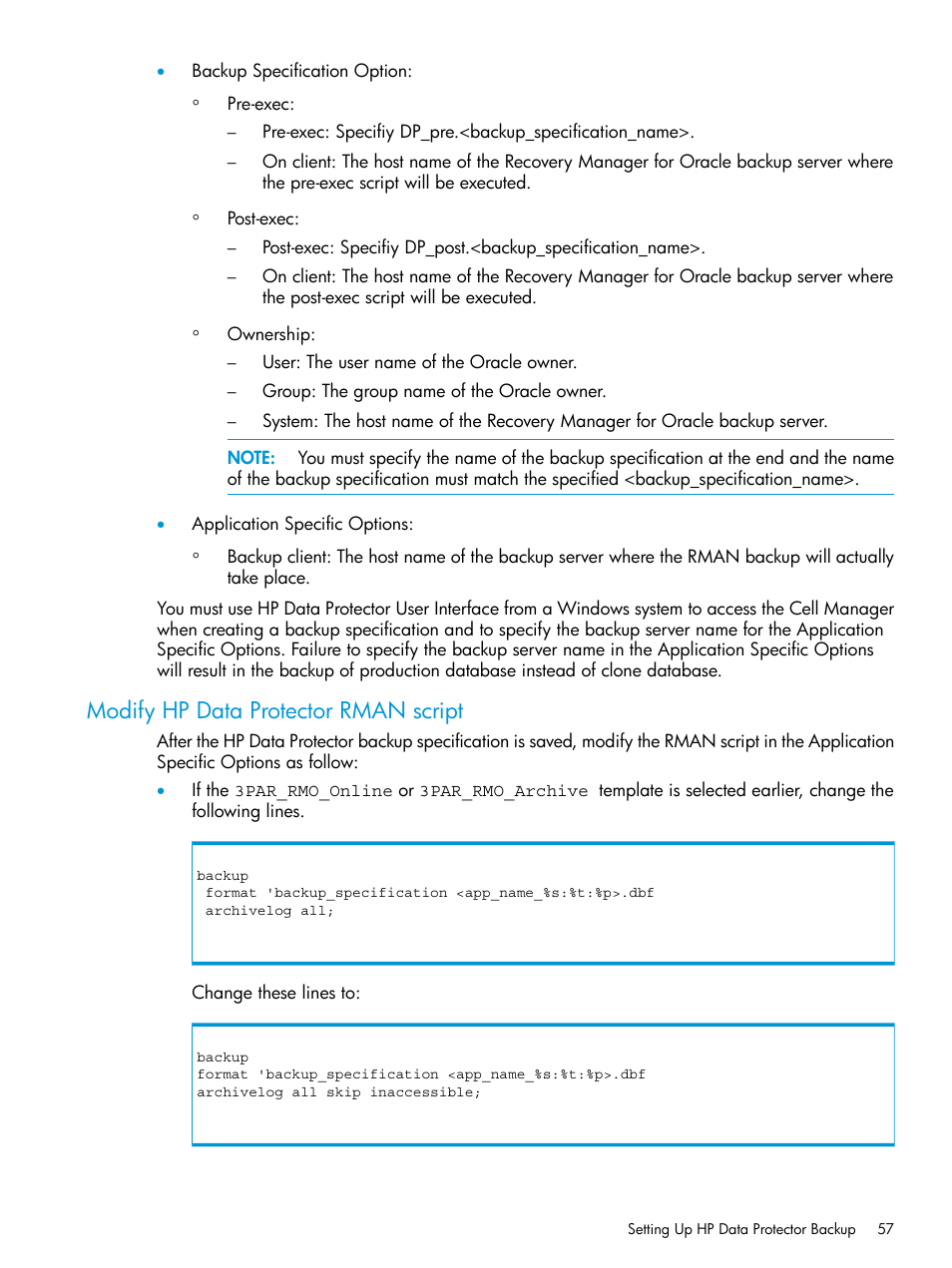 Modify hp data protector rman script | HP 3PAR Application Software Suite for Oracle User Manual | Page 57 / 223