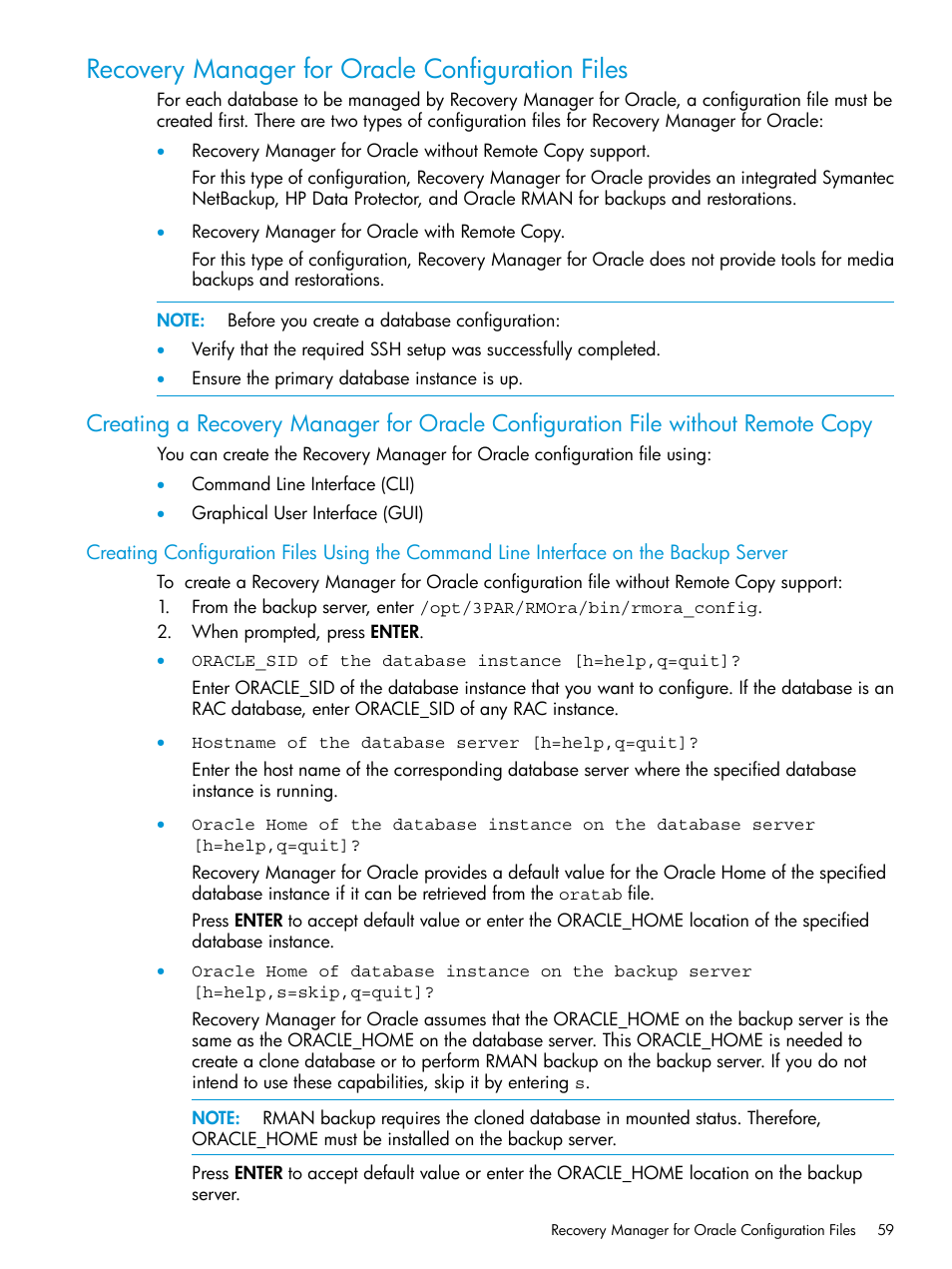 Recovery manager for oracle configuration files | HP 3PAR Application Software Suite for Oracle User Manual | Page 59 / 223