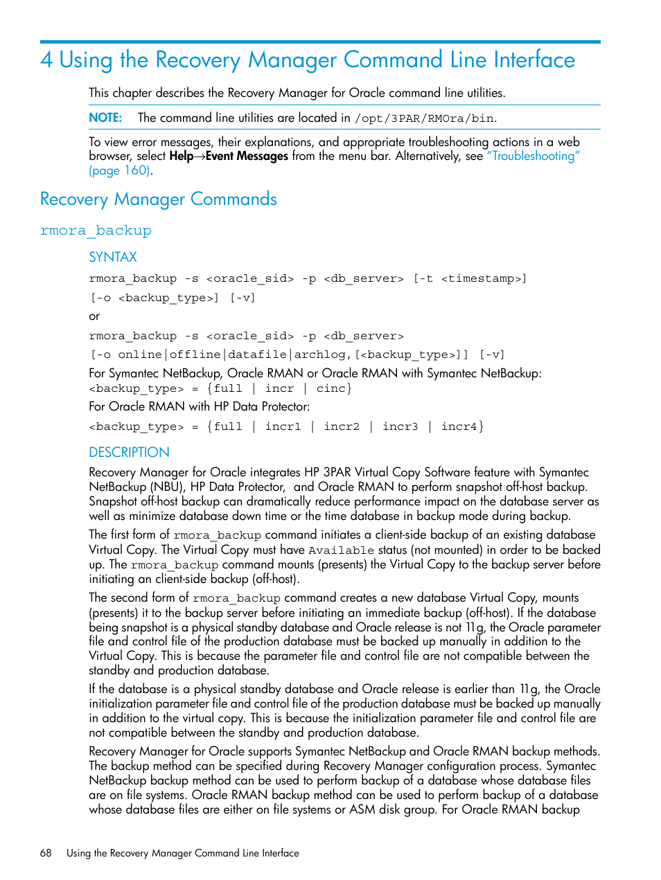 Recovery manager commands, Rmora_backup | HP 3PAR Application Software Suite for Oracle User Manual | Page 68 / 223