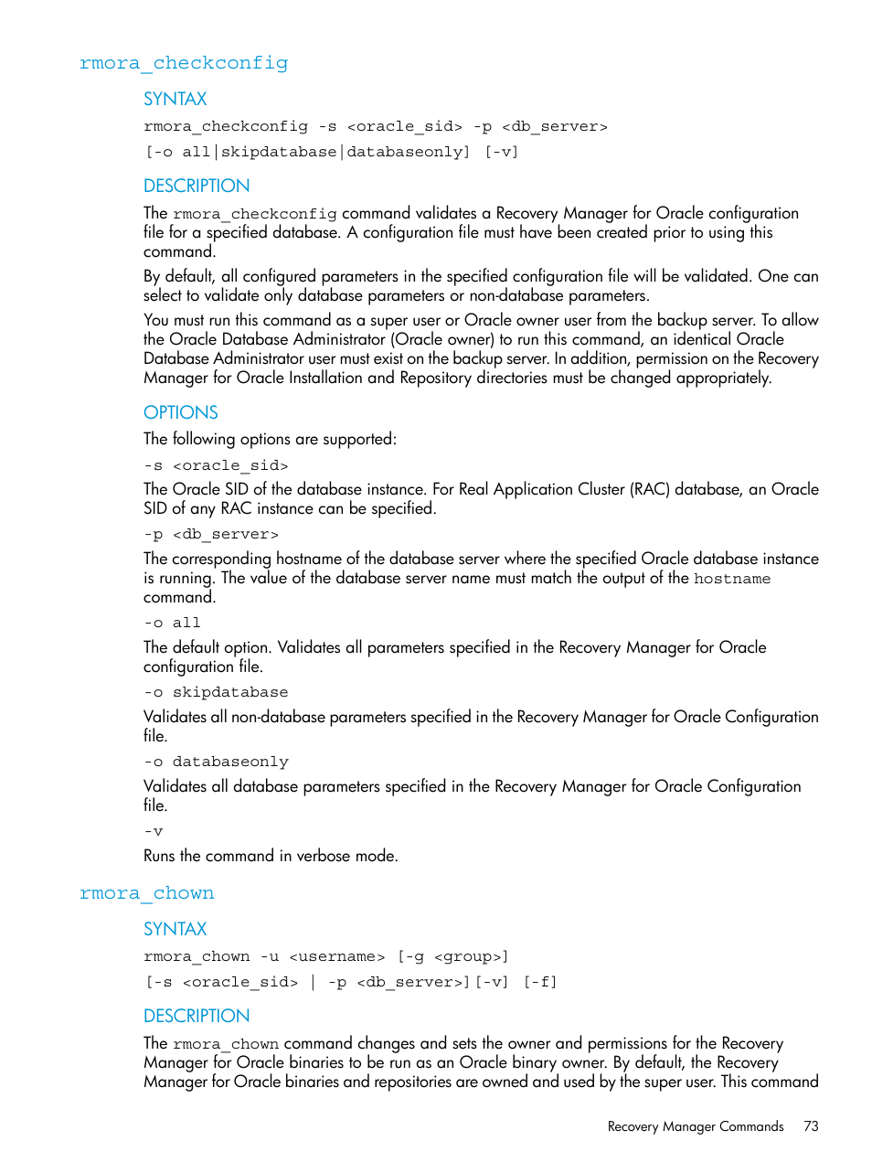 Rmora_checkconfig, Rmora_chown | HP 3PAR Application Software Suite for Oracle User Manual | Page 73 / 223