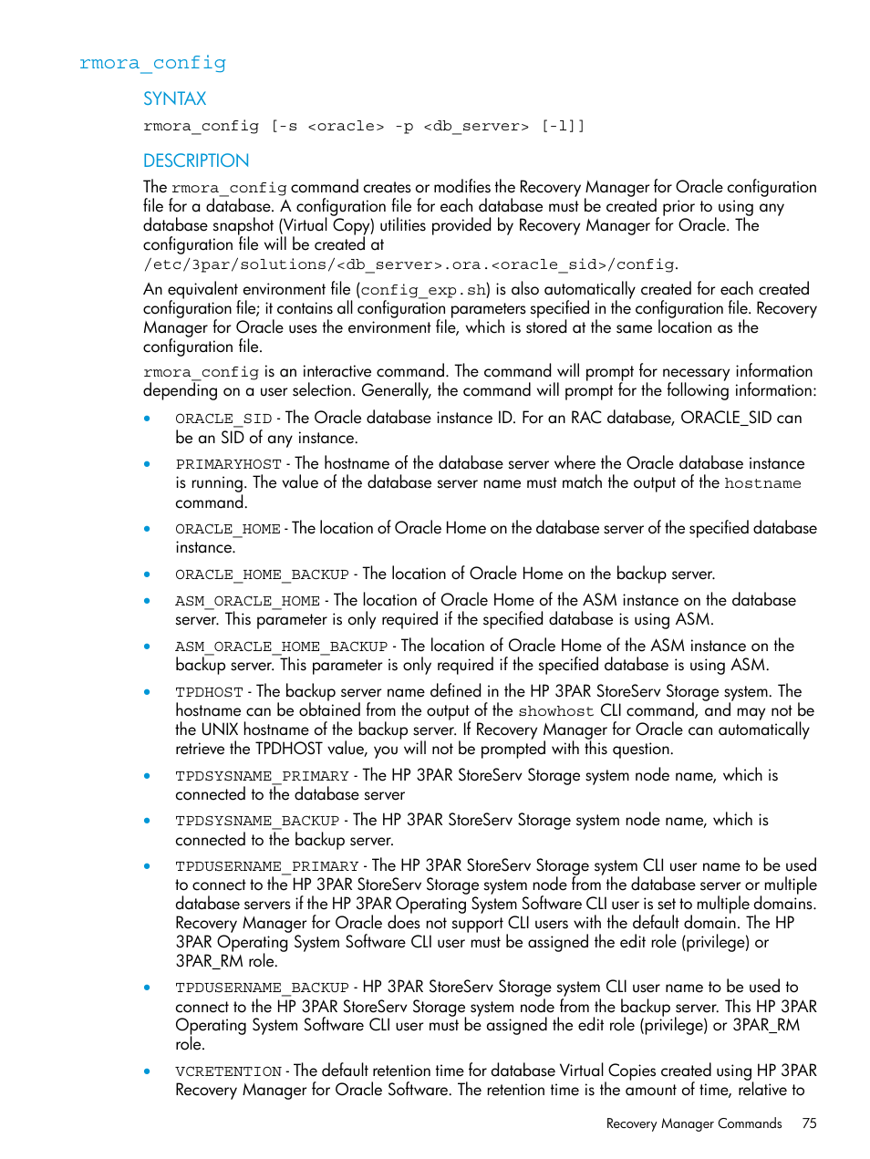 Rmora_config | HP 3PAR Application Software Suite for Oracle User Manual | Page 75 / 223