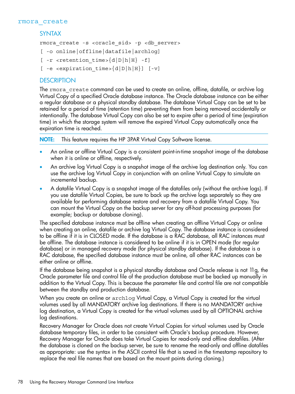 Rmora_create | HP 3PAR Application Software Suite for Oracle User Manual | Page 78 / 223