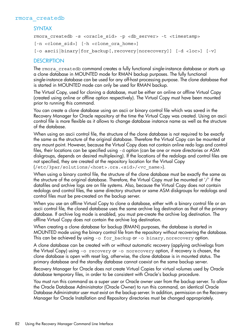 Rmora_createdb | HP 3PAR Application Software Suite for Oracle User Manual | Page 82 / 223