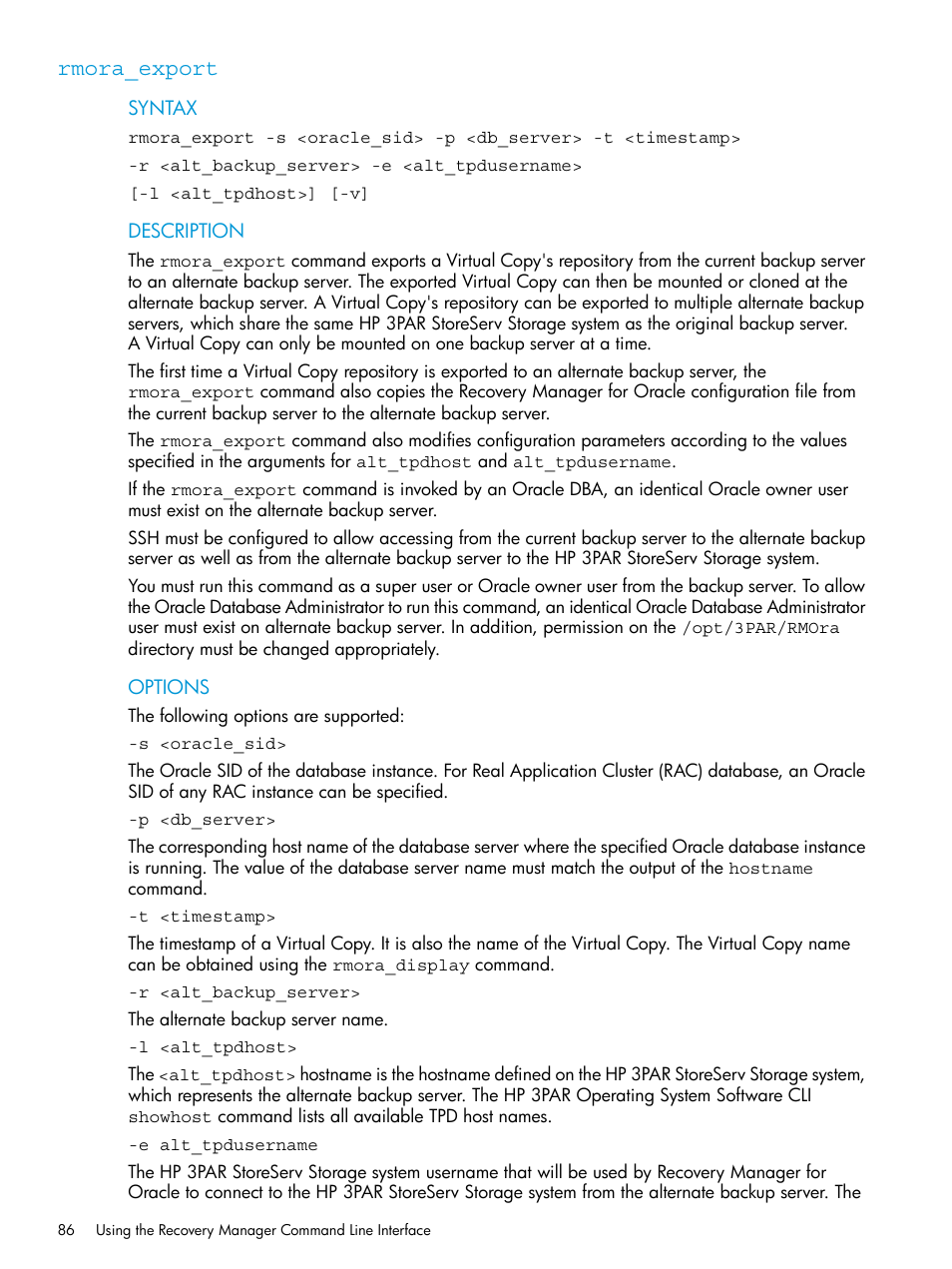 Rmora_export | HP 3PAR Application Software Suite for Oracle User Manual | Page 86 / 223