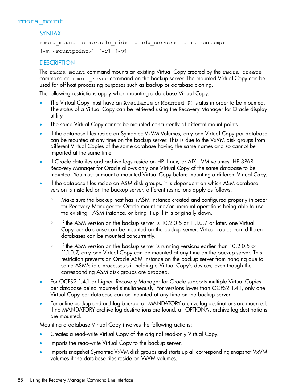 Rmora_mount | HP 3PAR Application Software Suite for Oracle User Manual | Page 88 / 223