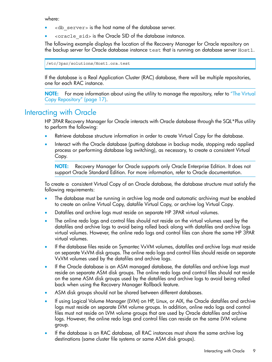 Interacting with oracle | HP 3PAR Application Software Suite for Oracle User Manual | Page 9 / 223