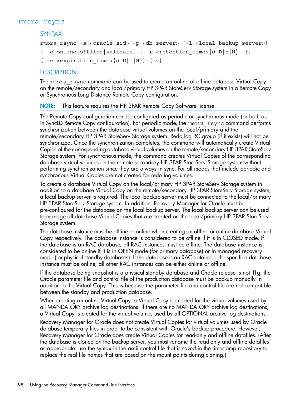 Rmora_rsync | HP 3PAR Application Software Suite for Oracle User Manual | Page 98 / 223