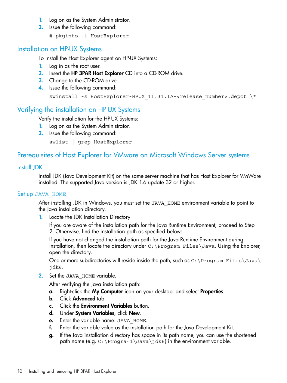 Installation on hp-ux systems, Verifying the installation on hp-ux systems, Install jdk | Set up java_home, Install jdk set up java_home | HP 3PAR Host Explorer Software User Manual | Page 10 / 34