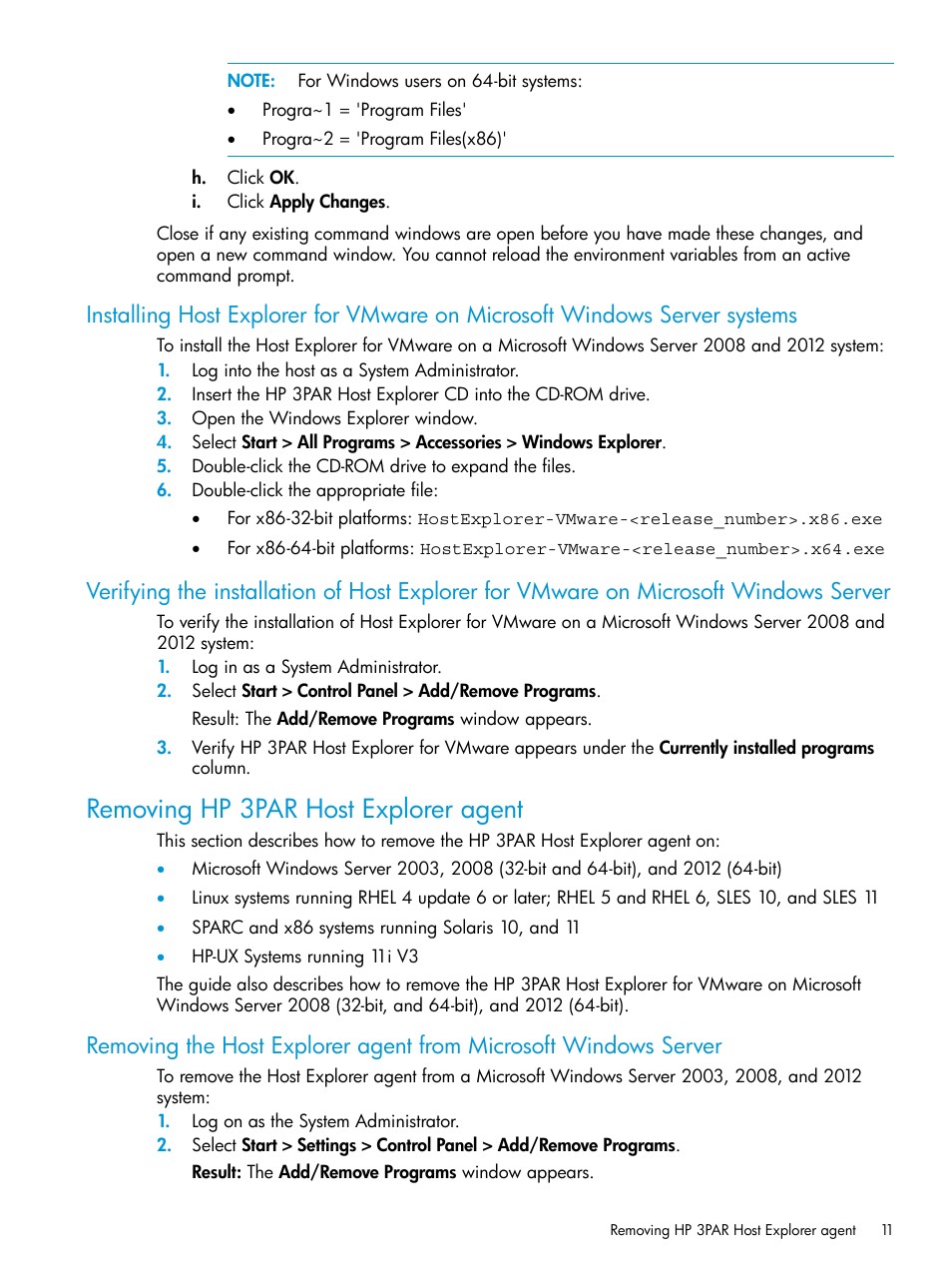 Removing hp 3par host explorer agent | HP 3PAR Host Explorer Software User Manual | Page 11 / 34