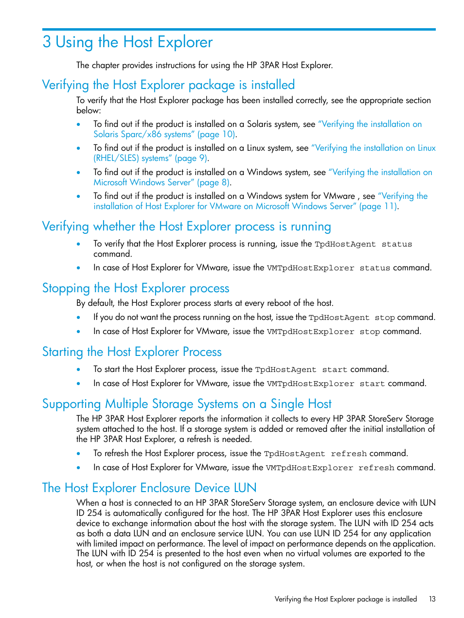 3 using the host explorer, Verifying the host explorer package is installed, Stopping the host explorer process | Starting the host explorer process, The host explorer enclosure device lun | HP 3PAR Host Explorer Software User Manual | Page 13 / 34