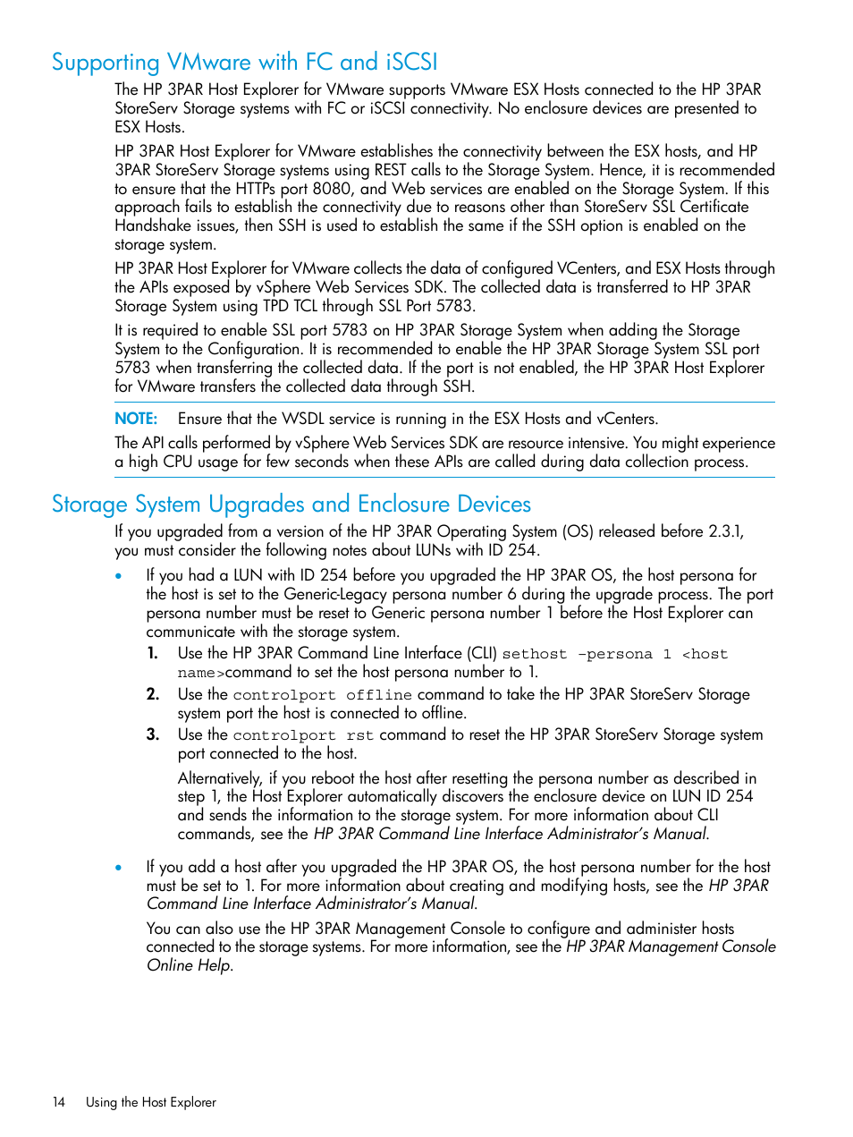 Supporting vmware with fc and iscsi, Storage system upgrades and enclosure devices | HP 3PAR Host Explorer Software User Manual | Page 14 / 34