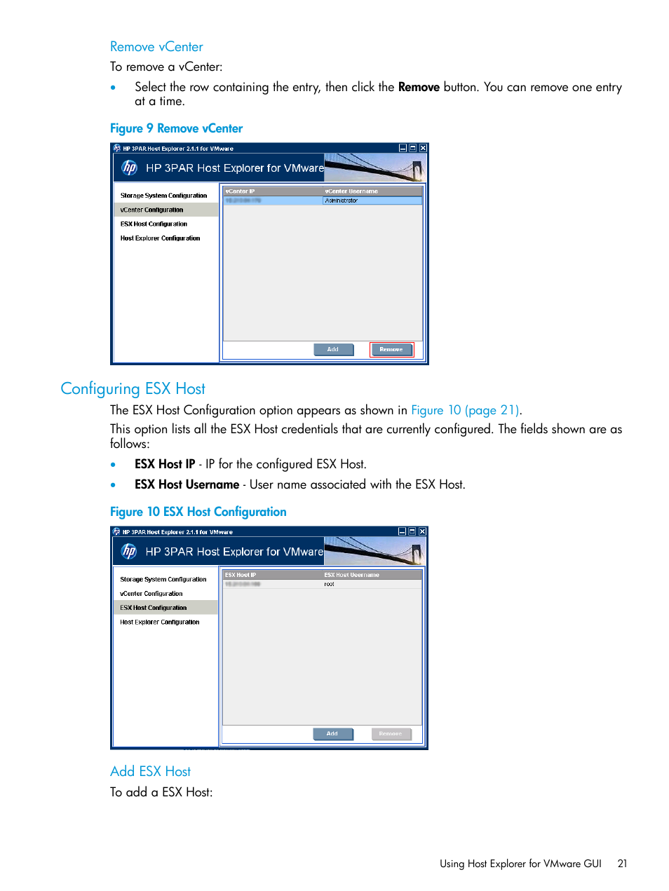 Configuring esx host, Esx host configuration | HP 3PAR Host Explorer Software User Manual | Page 21 / 34