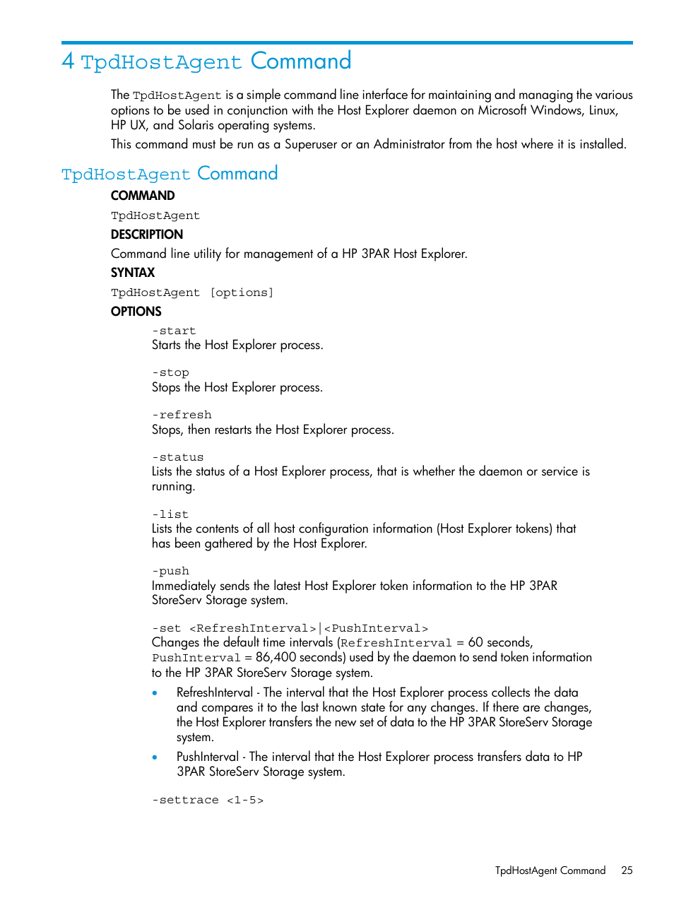 4 tpdhostagent command, Tpdhostagent command | HP 3PAR Host Explorer Software User Manual | Page 25 / 34