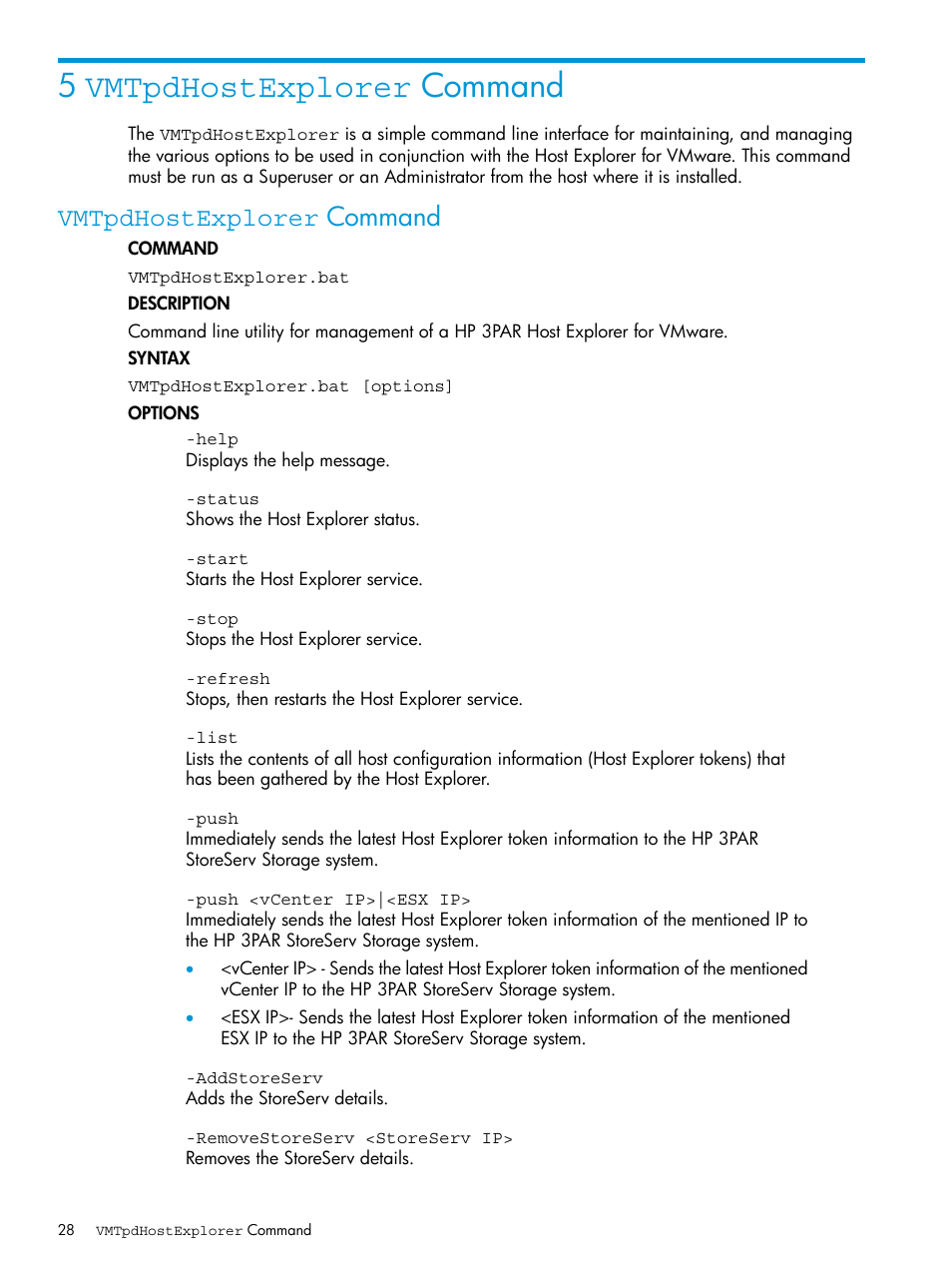 5 vmtpdhostexplorer command, Vmtpdhostexplorer command, Vmtpdhostexplorer | HP 3PAR Host Explorer Software User Manual | Page 28 / 34