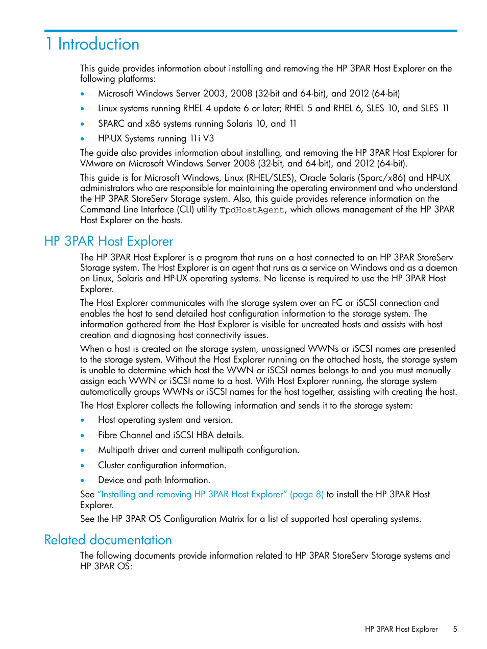 1 introduction, Hp 3par host explorer, Related documentation | Hp 3par host explorer related documentation | HP 3PAR Host Explorer Software User Manual | Page 5 / 34