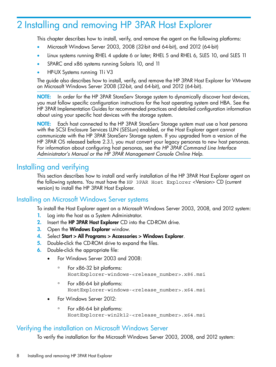 2 installing and removing hp 3par host explorer, Installing and verifying, Installing on microsoft windows server systems | HP 3PAR Host Explorer Software User Manual | Page 8 / 34