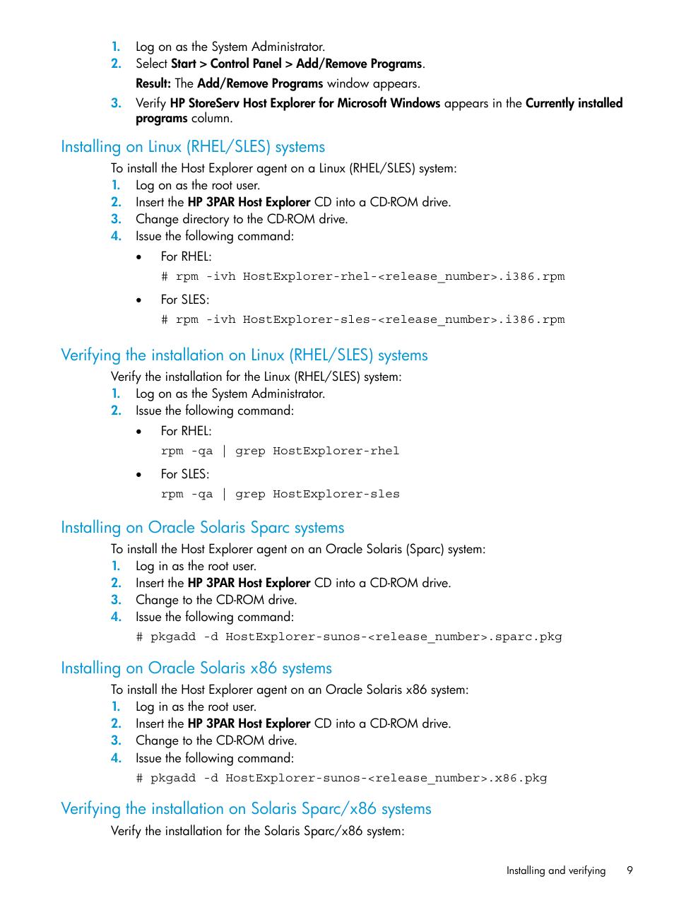 Installing on linux (rhel/sles) systems, Installing on oracle solaris sparc systems, Installing on oracle solaris x86 systems | HP 3PAR Host Explorer Software User Manual | Page 9 / 34