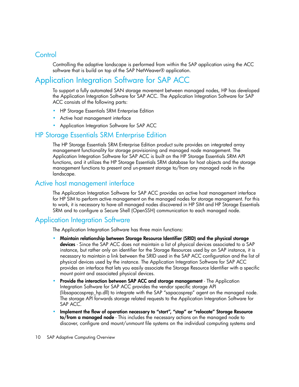 Control, Application integration software for sap acc, Hp storage essentials srm enterprise edition | Active host management interface, Application integration software | HP Storage Essentials Standard Edition SRM Software User Manual | Page 24 / 90