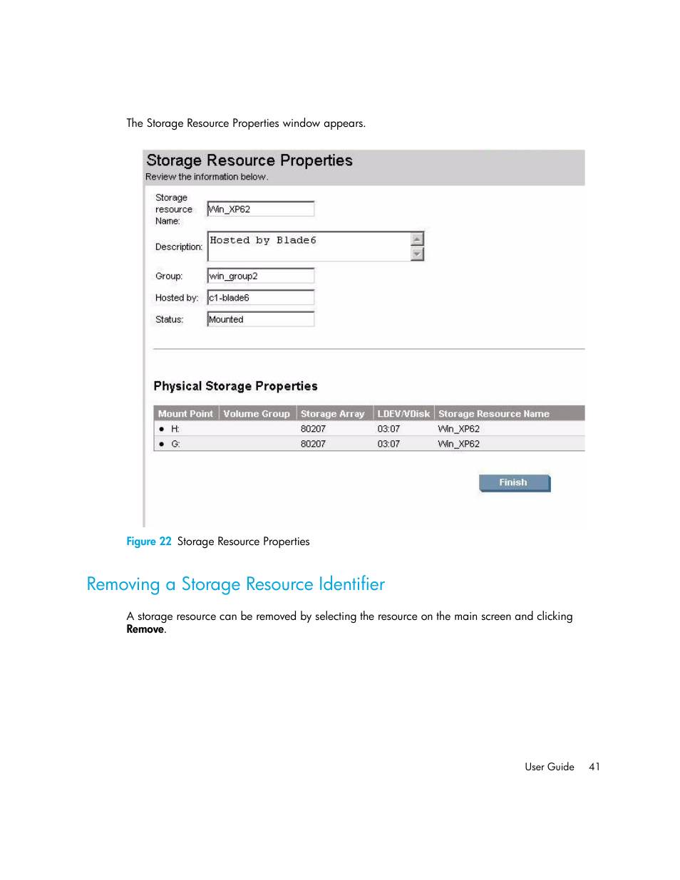 Removing a storage resource identifier, 22 storage resource properties | HP Storage Essentials Standard Edition SRM Software User Manual | Page 55 / 90