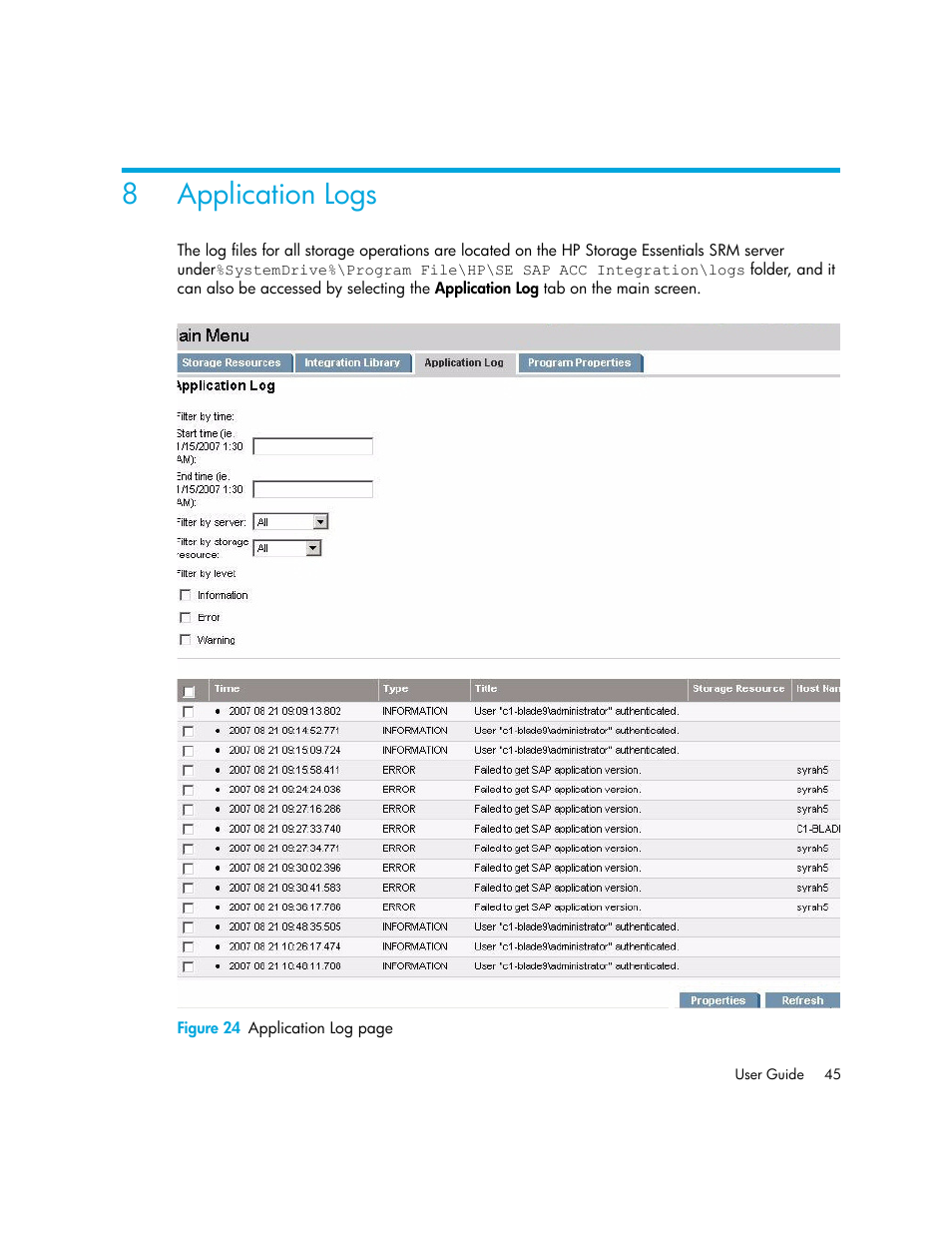 Application logs, 8 application logs, 8application logs | HP Storage Essentials Standard Edition SRM Software User Manual | Page 59 / 90