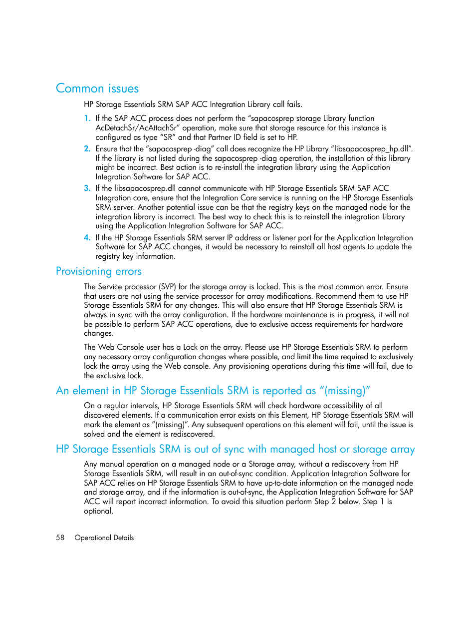 Common issues, Provisioning errors | HP Storage Essentials Standard Edition SRM Software User Manual | Page 72 / 90