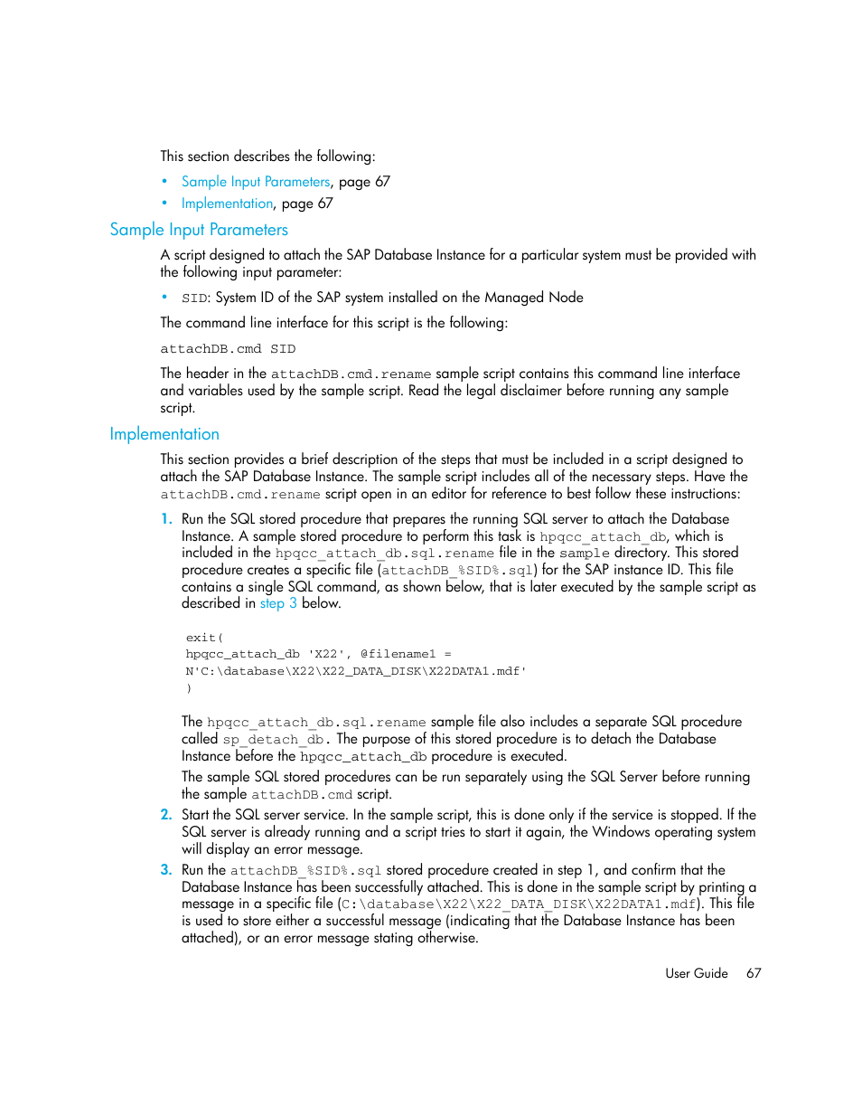 Sample input parameters, Implementation | HP Storage Essentials Standard Edition SRM Software User Manual | Page 81 / 90