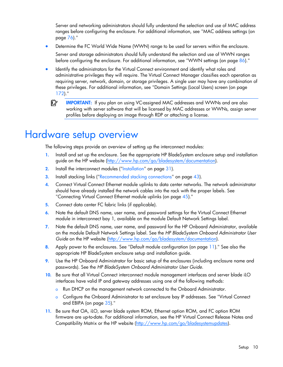 Hardware setup overview | HP Virtual Connect 1.10Gb-F Ethernet Module for c-Class BladeSystem User Manual | Page 10 / 242