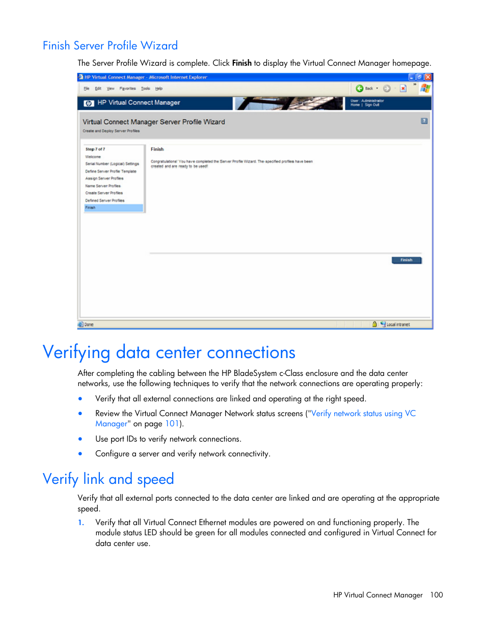 Finish server profile wizard, Verifying data center connections, Verify link and speed | HP Virtual Connect 1.10Gb-F Ethernet Module for c-Class BladeSystem User Manual | Page 100 / 242