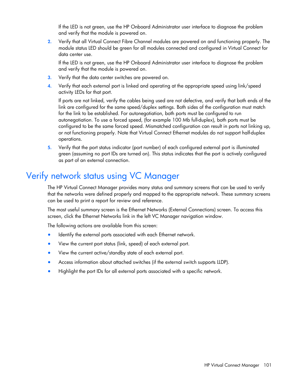 Verify network status using vc manager, Verify network status using vc, Manager | HP Virtual Connect 1.10Gb-F Ethernet Module for c-Class BladeSystem User Manual | Page 101 / 242