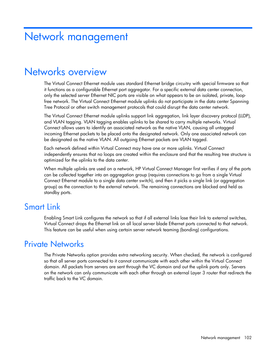 Network management, Networks overview, Smart link | Private networks | HP Virtual Connect 1.10Gb-F Ethernet Module for c-Class BladeSystem User Manual | Page 102 / 242