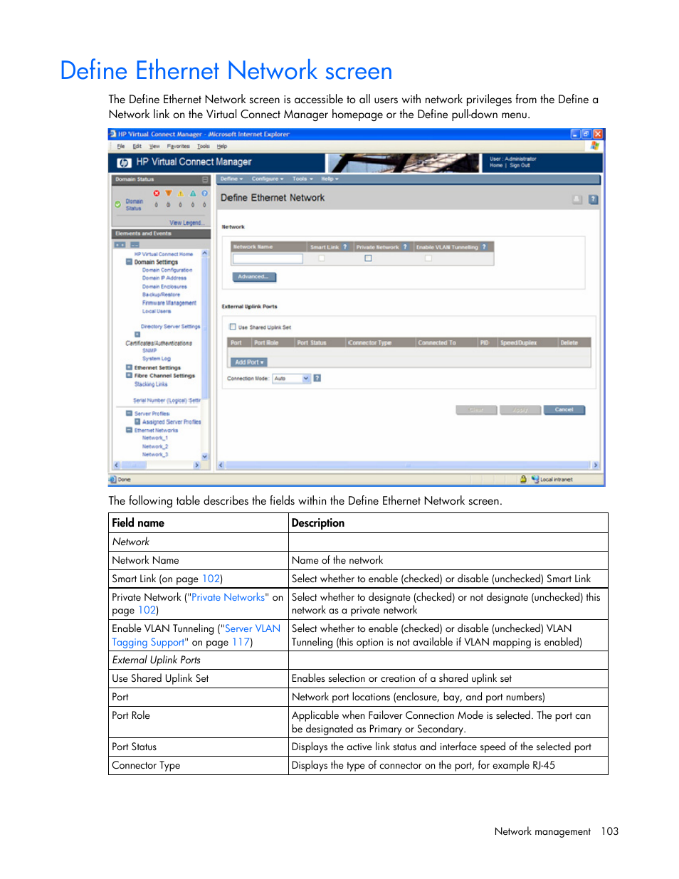 Define ethernet network screen, These | HP Virtual Connect 1.10Gb-F Ethernet Module for c-Class BladeSystem User Manual | Page 103 / 242