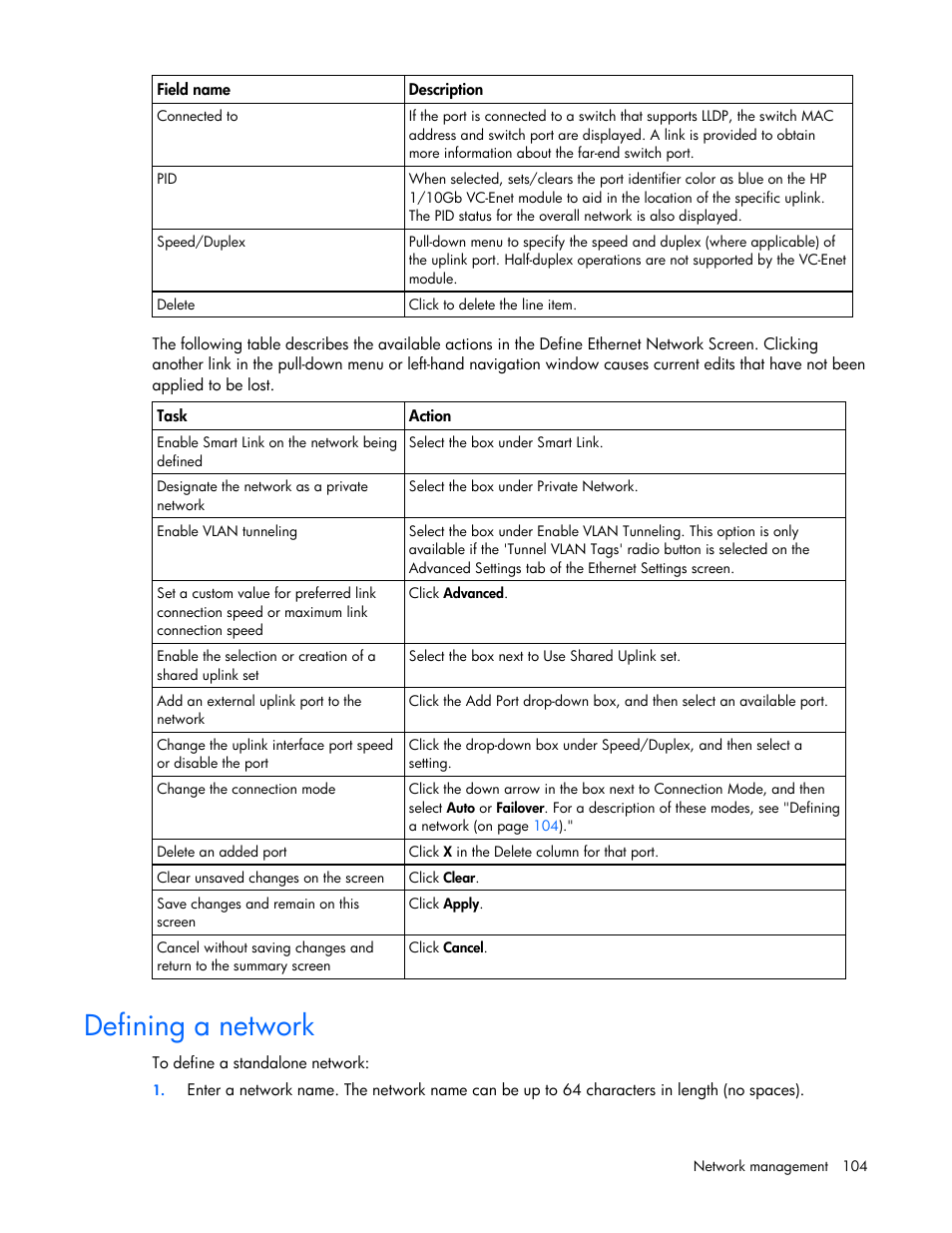 Defining a network | HP Virtual Connect 1.10Gb-F Ethernet Module for c-Class BladeSystem User Manual | Page 104 / 242