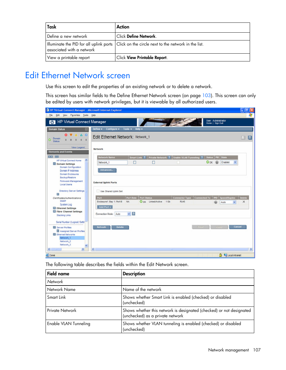 Edit ethernet network screen | HP Virtual Connect 1.10Gb-F Ethernet Module for c-Class BladeSystem User Manual | Page 107 / 242