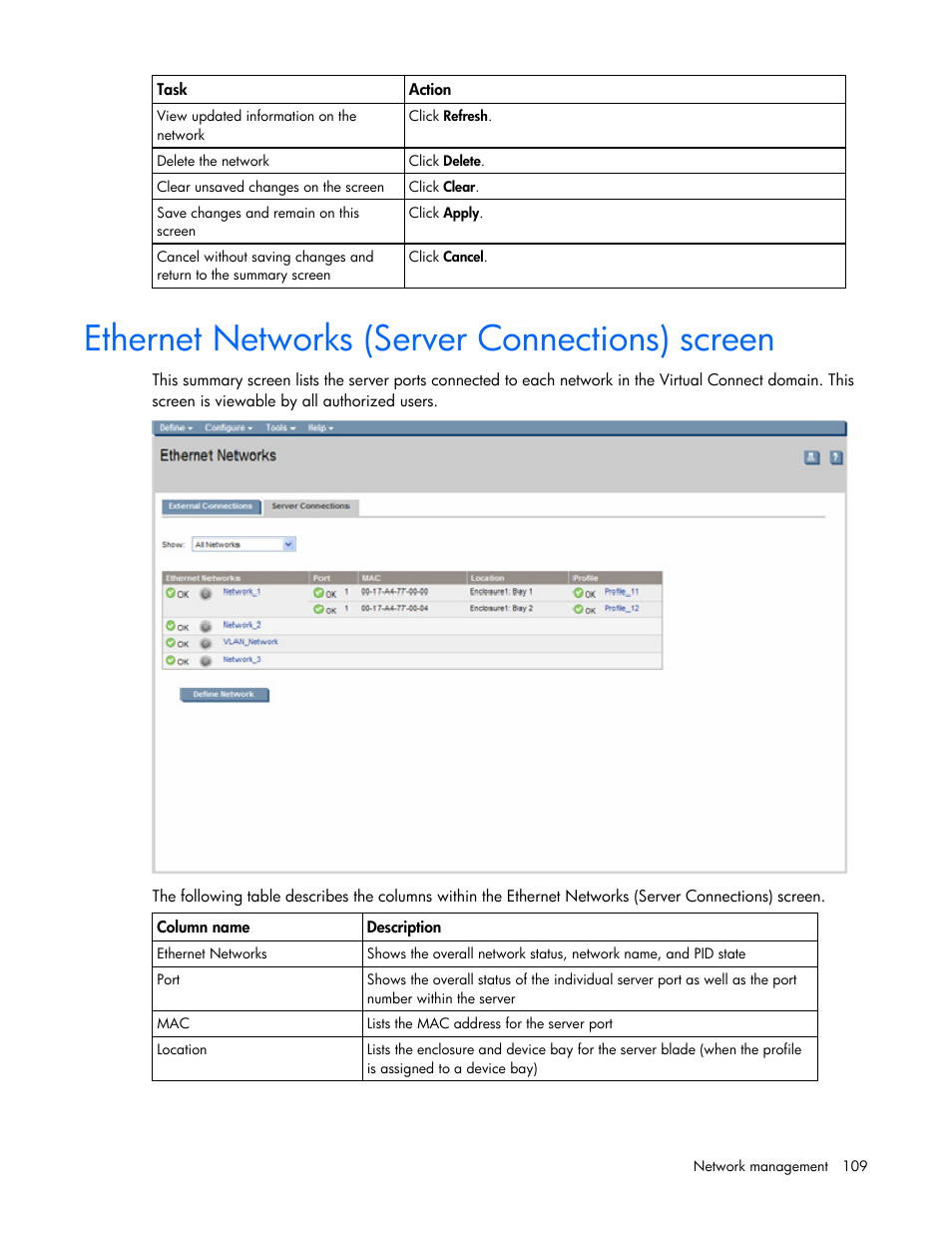 Ethernet networks (server connections) screen | HP Virtual Connect 1.10Gb-F Ethernet Module for c-Class BladeSystem User Manual | Page 109 / 242