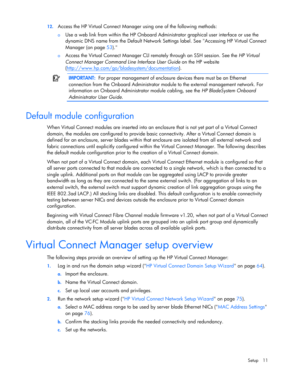 Default module configuration, Virtual connect manager setup overview | HP Virtual Connect 1.10Gb-F Ethernet Module for c-Class BladeSystem User Manual | Page 11 / 242