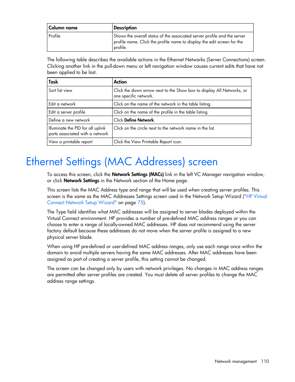 Ethernet settings (mac addresses) screen | HP Virtual Connect 1.10Gb-F Ethernet Module for c-Class BladeSystem User Manual | Page 110 / 242