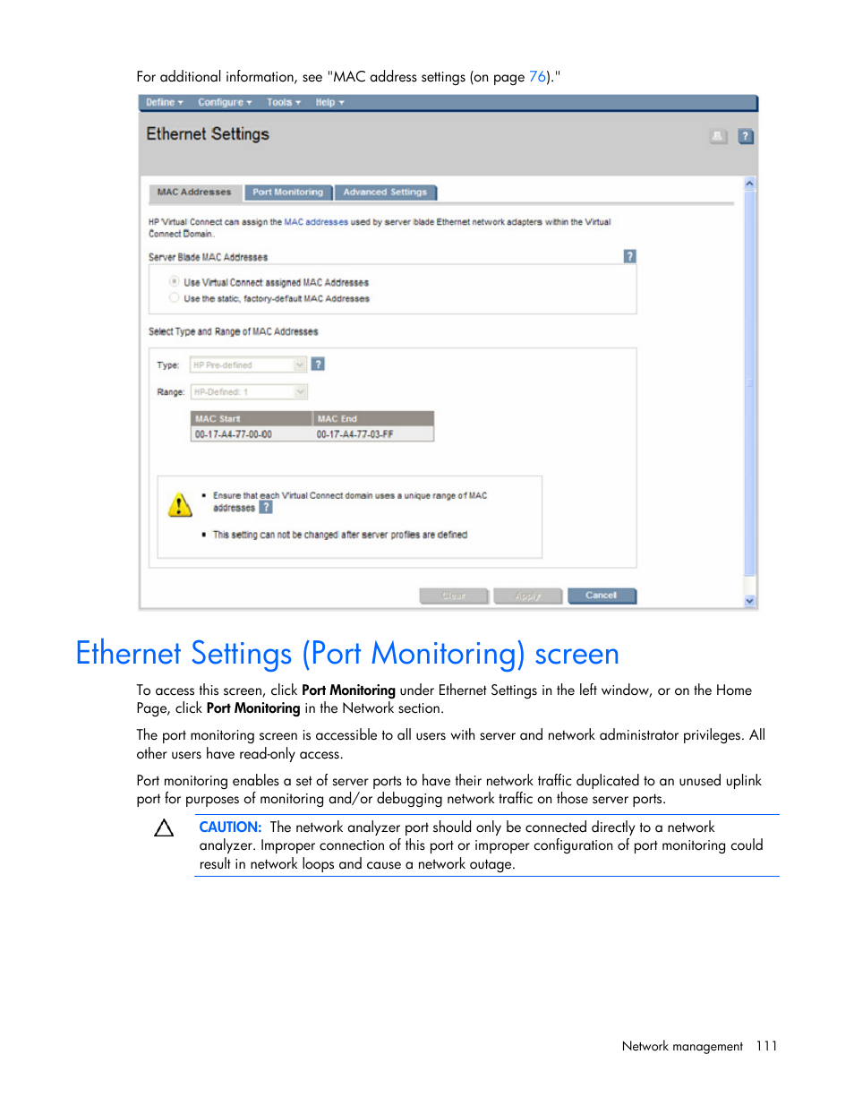 Ethernet settings (port monitoring) screen | HP Virtual Connect 1.10Gb-F Ethernet Module for c-Class BladeSystem User Manual | Page 111 / 242