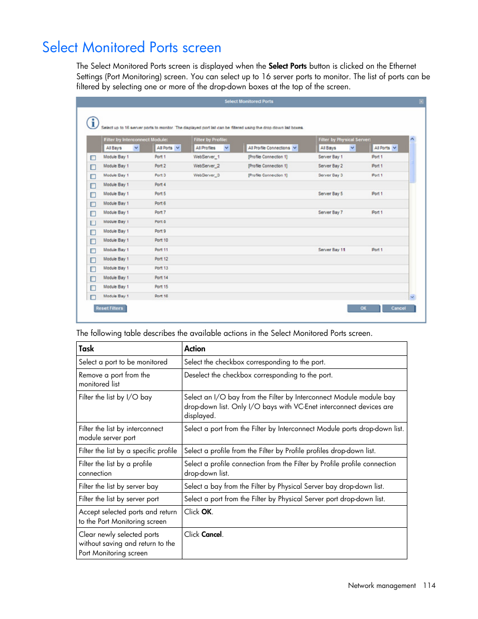 Select monitored ports screen | HP Virtual Connect 1.10Gb-F Ethernet Module for c-Class BladeSystem User Manual | Page 114 / 242