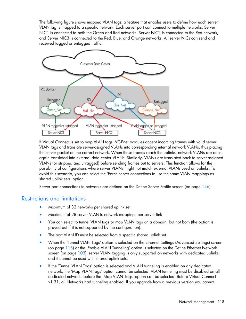 Restrictions and limitations, Tions and limitations, Restrictions | And limitations | HP Virtual Connect 1.10Gb-F Ethernet Module for c-Class BladeSystem User Manual | Page 118 / 242