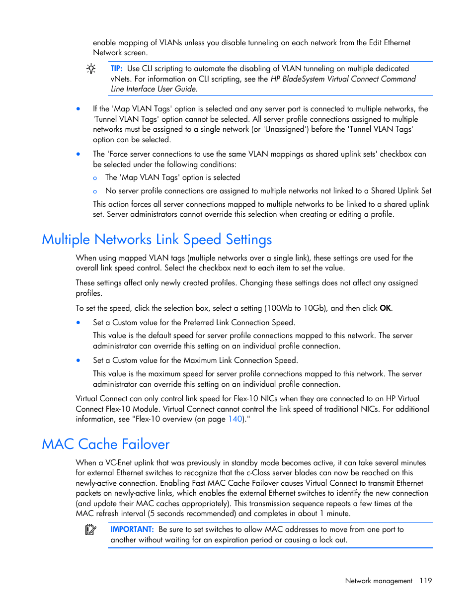 Multiple networks link speed settings, Mac cache failover, To s | HP Virtual Connect 1.10Gb-F Ethernet Module for c-Class BladeSystem User Manual | Page 119 / 242
