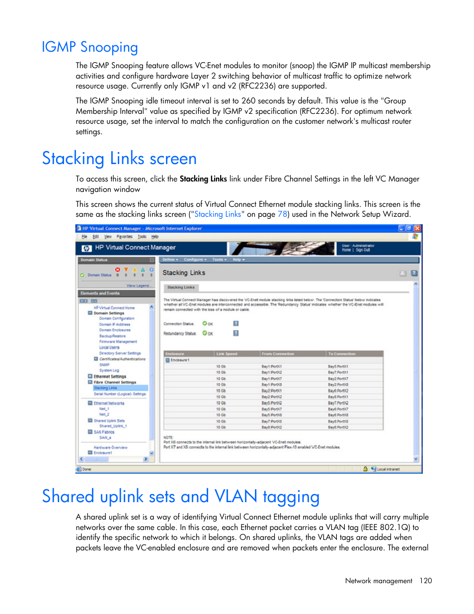 Igmp snooping, Stacking links screen, Shared uplink sets and vlan tagging | HP Virtual Connect 1.10Gb-F Ethernet Module for c-Class BladeSystem User Manual | Page 120 / 242