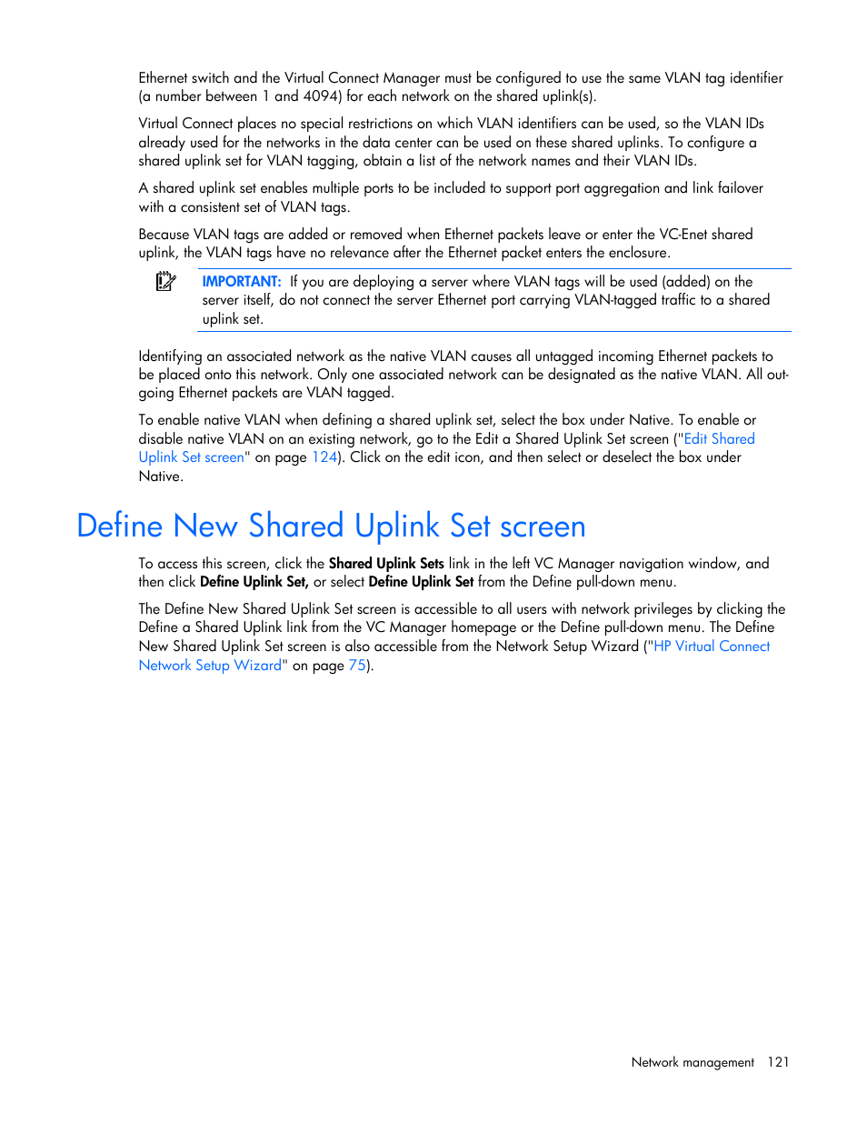 Define new shared uplink set screen | HP Virtual Connect 1.10Gb-F Ethernet Module for c-Class BladeSystem User Manual | Page 121 / 242