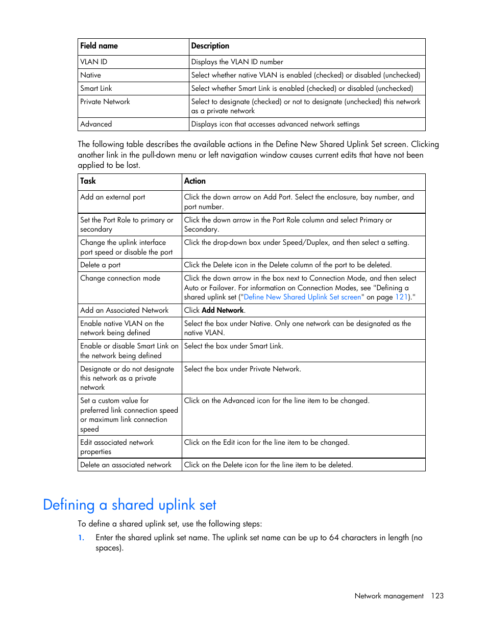 Defining a shared uplink set | HP Virtual Connect 1.10Gb-F Ethernet Module for c-Class BladeSystem User Manual | Page 123 / 242