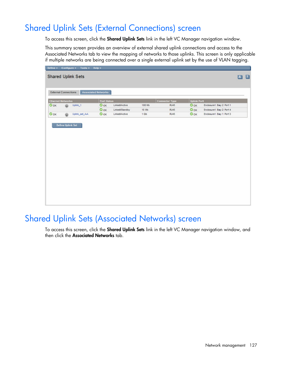 Shared uplink sets (external connections) screen, Shared uplink sets (associated networks) screen | HP Virtual Connect 1.10Gb-F Ethernet Module for c-Class BladeSystem User Manual | Page 127 / 242