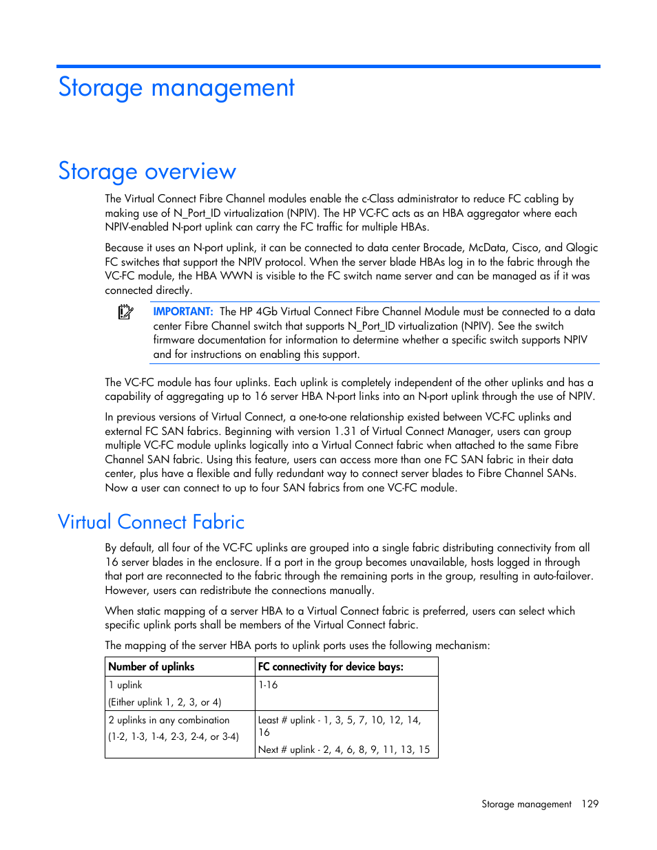 Storage management, Storage overview, Virtual connect fabric | HP Virtual Connect 1.10Gb-F Ethernet Module for c-Class BladeSystem User Manual | Page 129 / 242